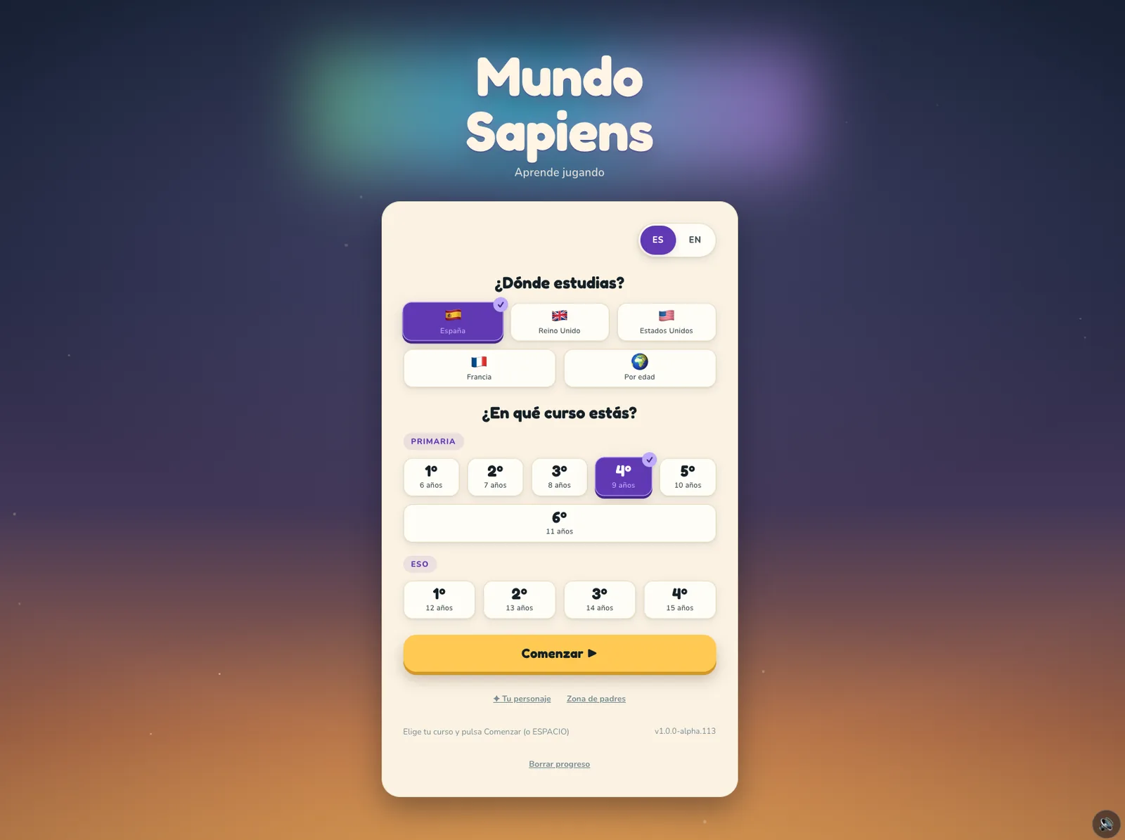 Pantalla de inicio de Mundo Sapiens